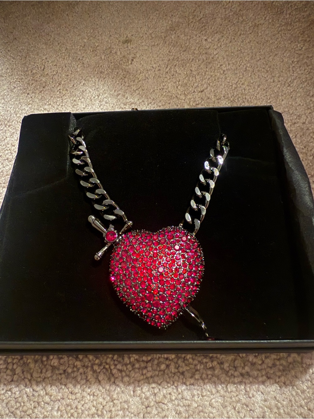 Red Crystal Heart Pendant Necklace with dagger - Betsey Johnson